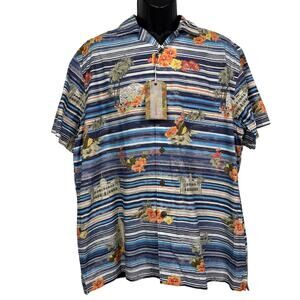 Cremieux Hawaiian Short Sleeve Button Front Shirt Blue Striped Size XL NWT